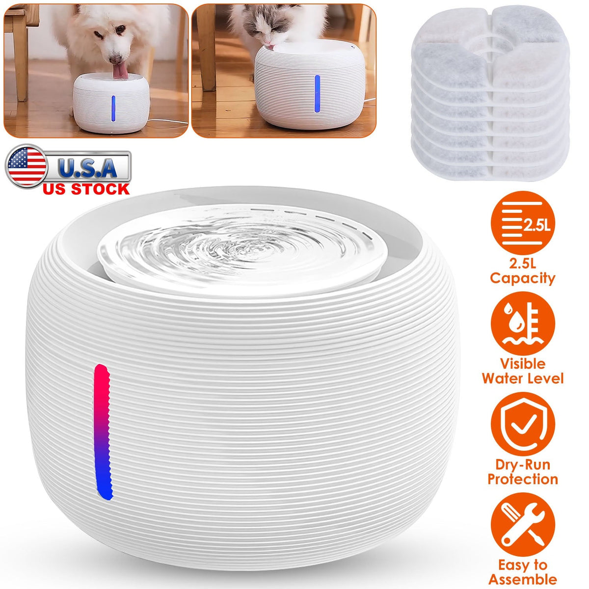 2.5L 84.54OZ Pet Water Fountain Smart Pet Drinking Fountain with LED Light 7 Pack Replaceable Filters Water Level Quiet Pump Dry-Run Protection Cat Do