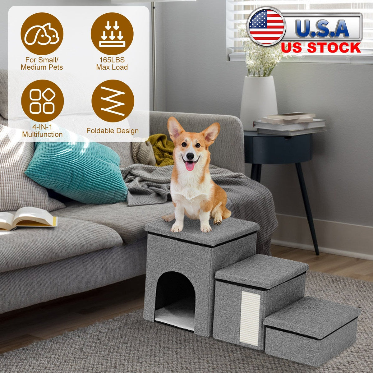 4-in-1 Foldable Pet Stairs with Storage, Scratcher & Pet House