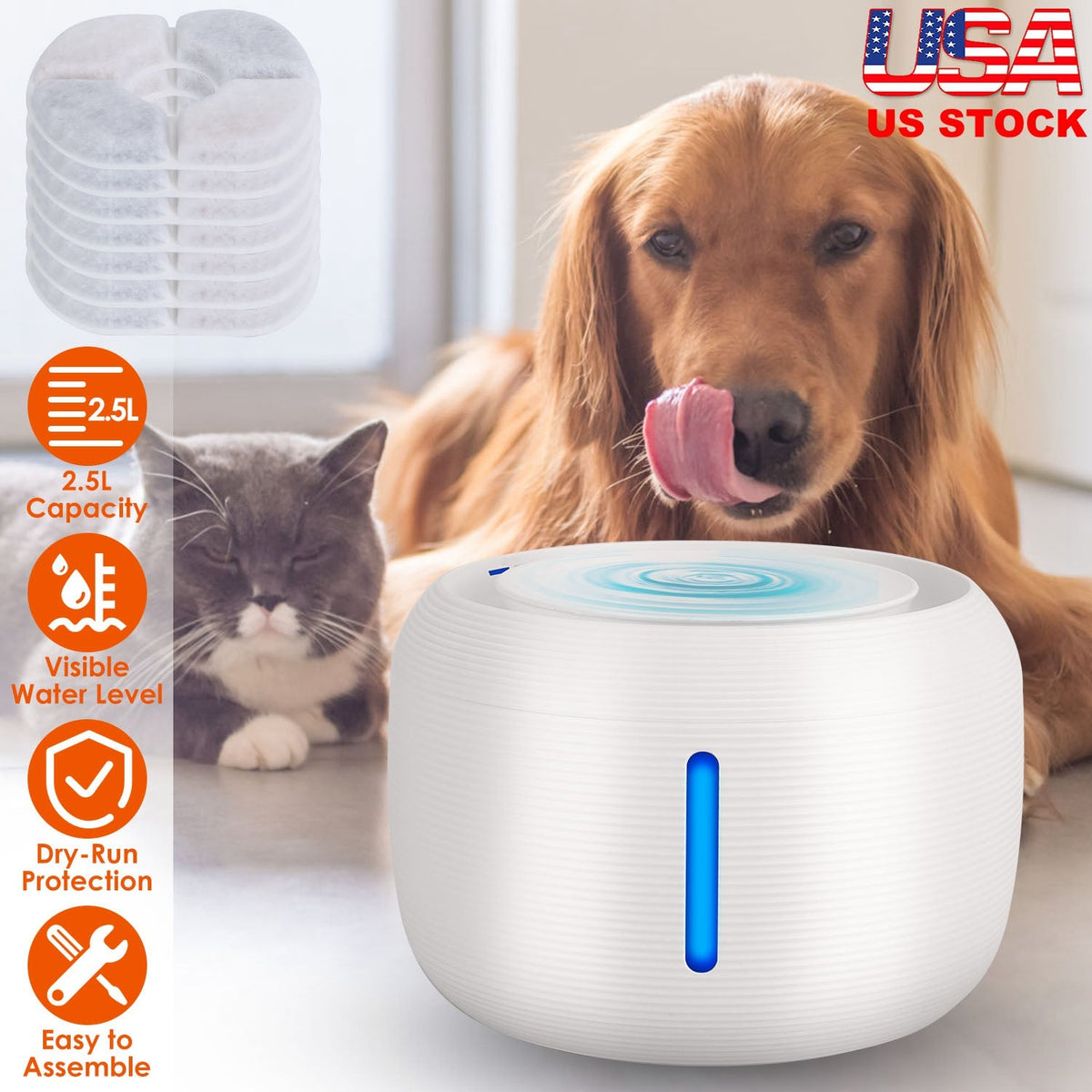 2.5L 84.54OZ Pet Water Fountain Smart Pet Drinking Fountain with LED Light 7 Pack Replaceable Filters Water Level Quiet Pump Dry-Run Protection Cat Do