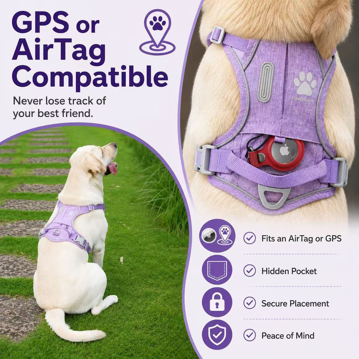 Hidden Tracker Pocket No-Pull Dog Harness, Reflective & adjustable
