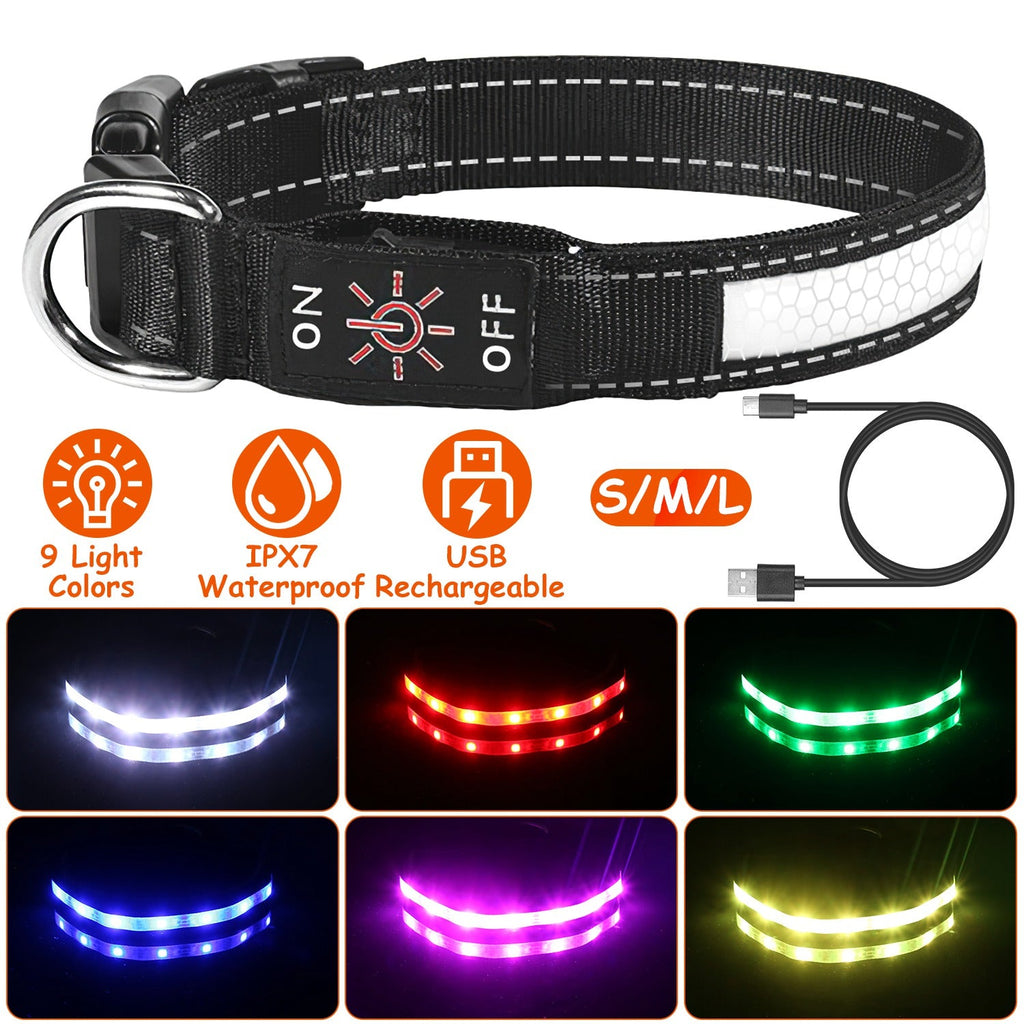 Light Up Dog Collar LED Dog Collar Safety Night Glowing Dog Collar with 9 Light Colors IPX7 Waterproof USB Rechargeable S/M/L