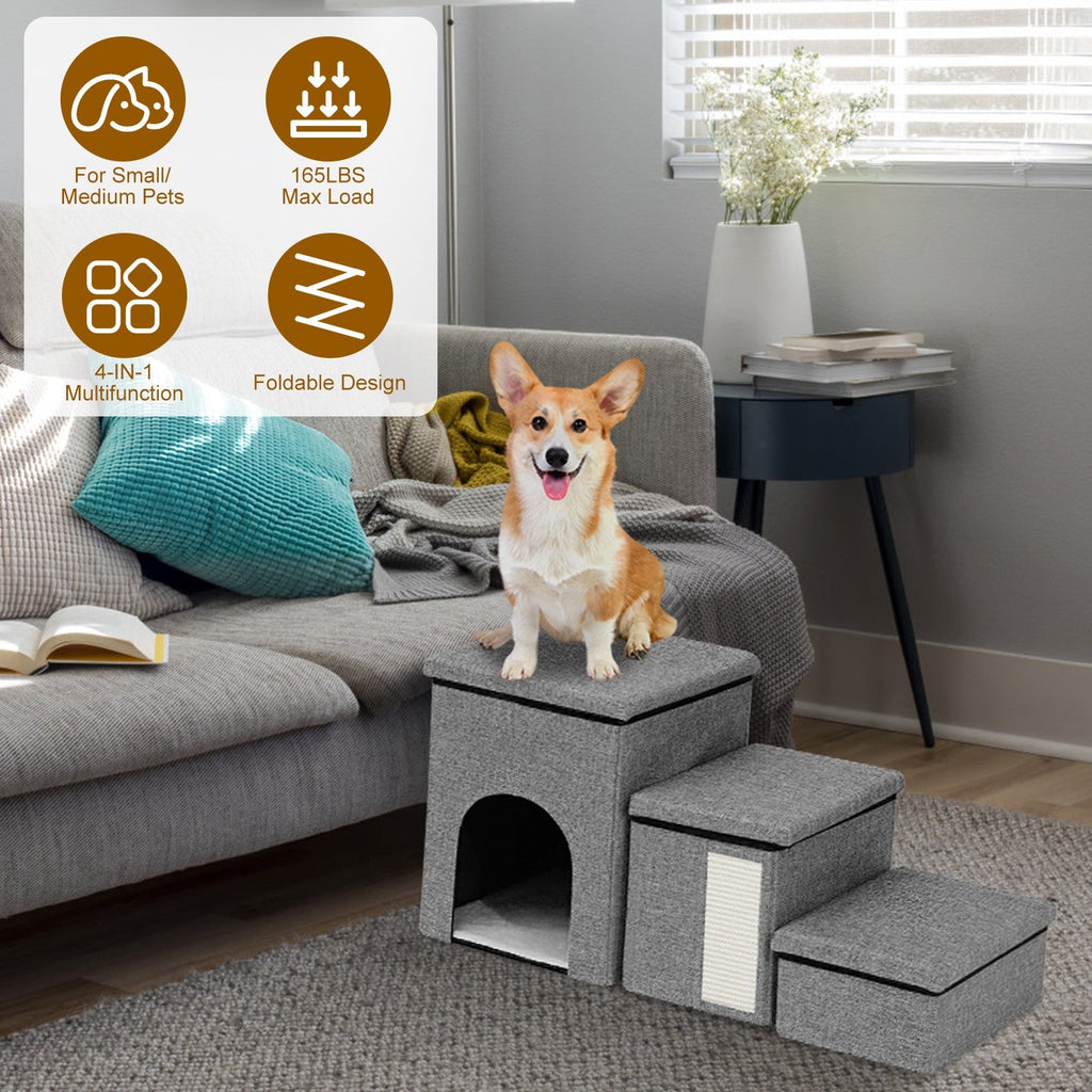 4-in-1 Foldable Pet Stairs with Storage, Scratcher & Pet House