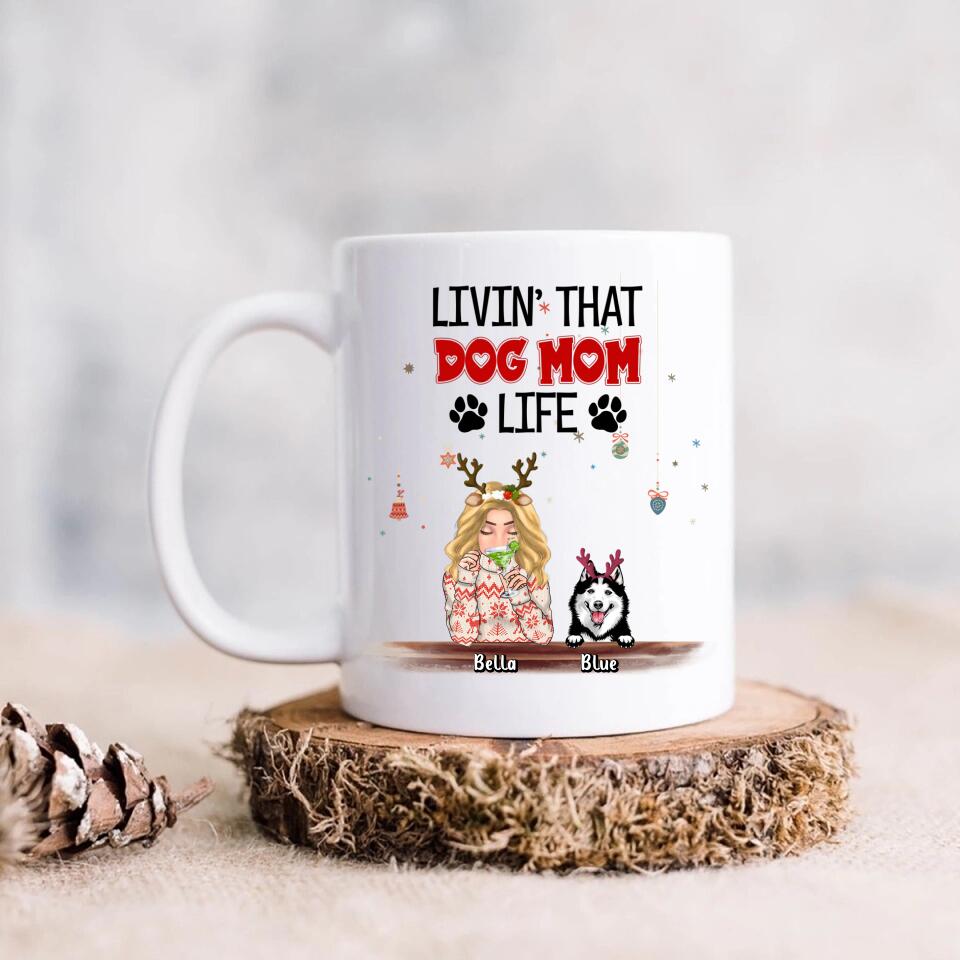 Personalized Christmas Dog Mom Coffee Mug - Up to 5 Dogs - Christmas Gift Idea For Dog Mom/Dog Lover - Livin' That Dog Mom Life