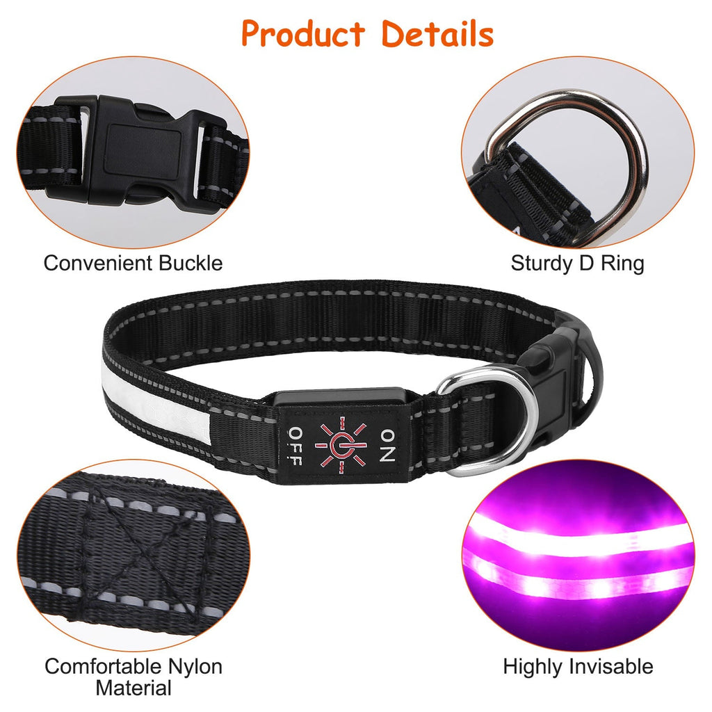 Light Up Dog Collar LED Dog Collar Safety Night Glowing Dog Collar with 9 Light Colors IPX7 Waterproof USB Rechargeable S/M/L