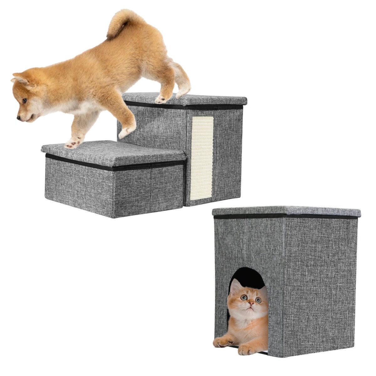 4-in-1 Foldable Pet Stairs with Storage, Scratcher & Pet House