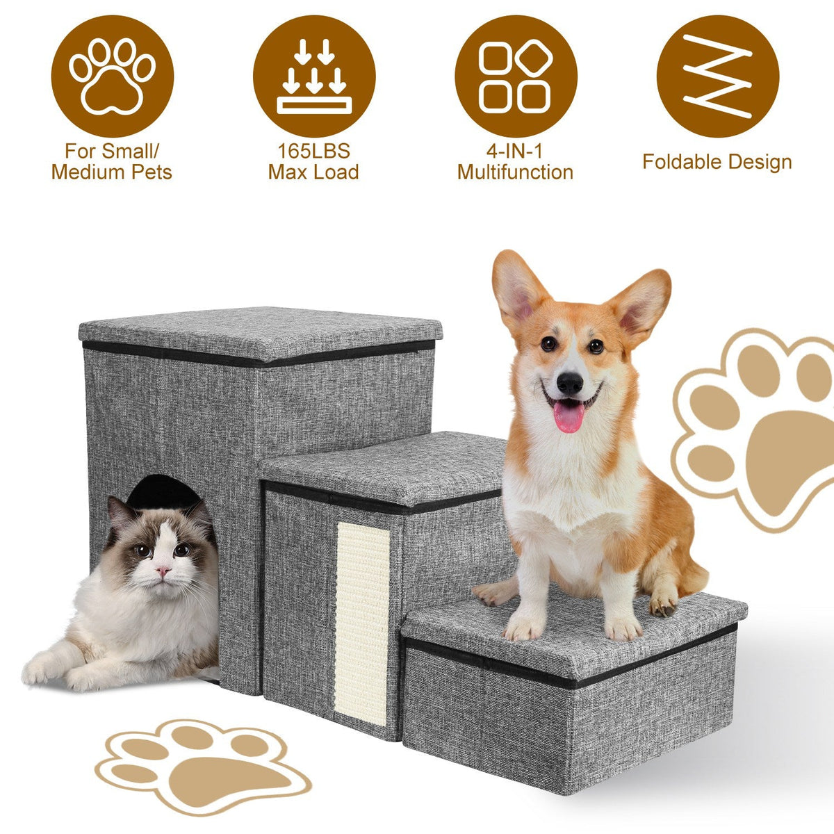 4-in-1 Foldable Pet Stairs with Storage, Scratcher & Pet House