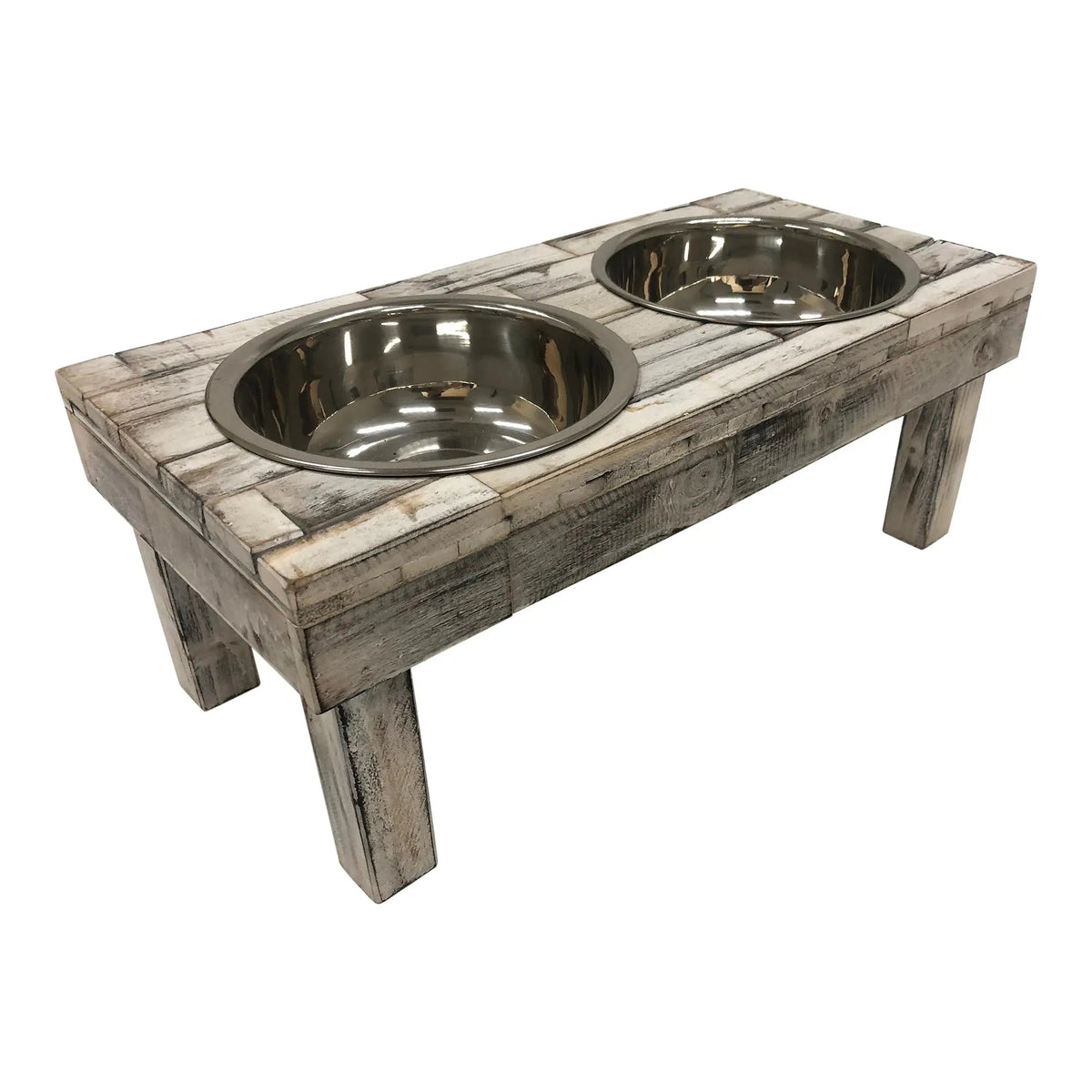 Huntley Pet Berjen Table Elevated Double Bowl Pet Feeder, White Wash