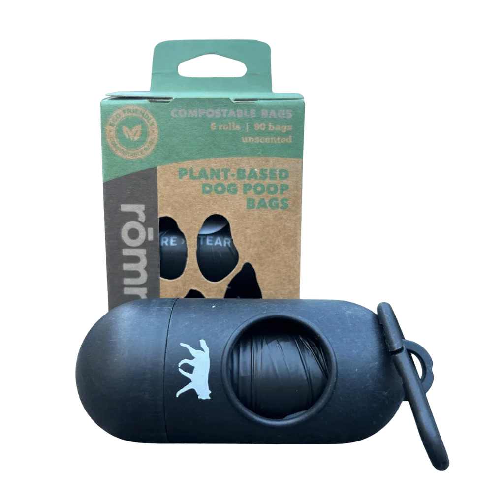 compostable plant-based dog poop bags + bamboo dispenser